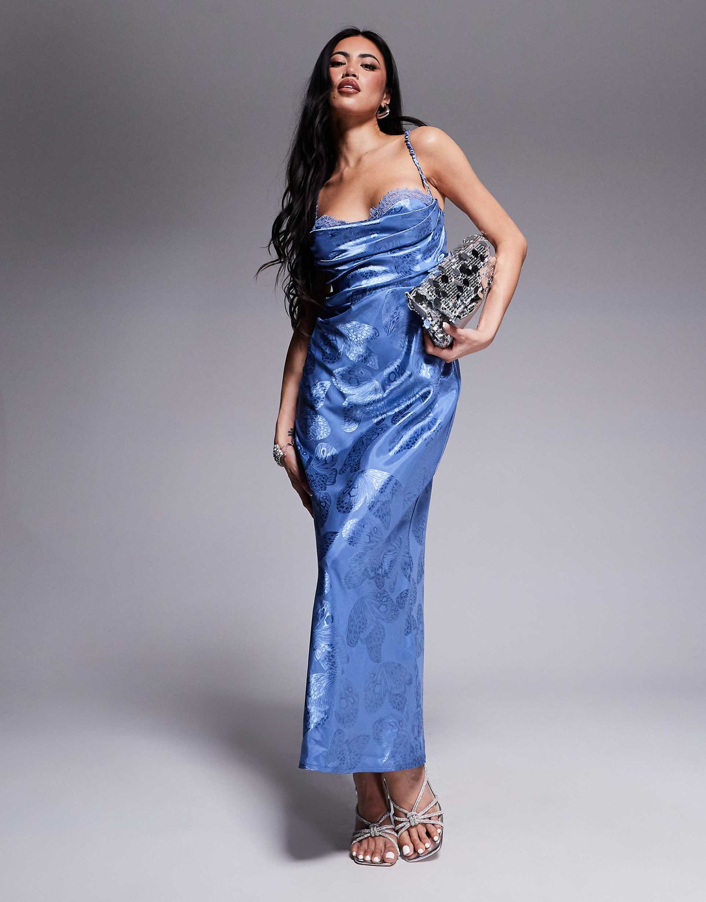 London Satin Ruched Bust Open Strappy Back Maxi Dress