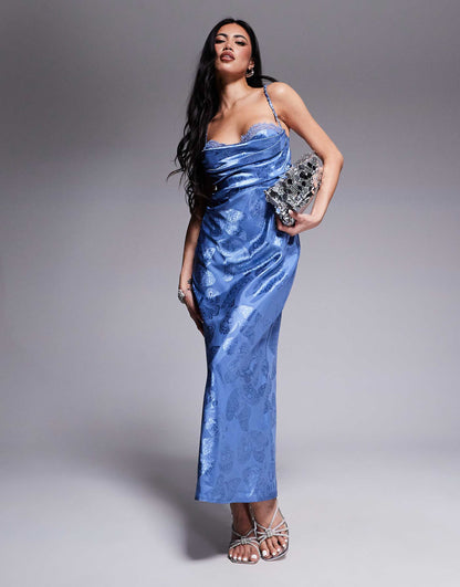 London Satin Ruched Bust Open Strappy Back Maxi Dress