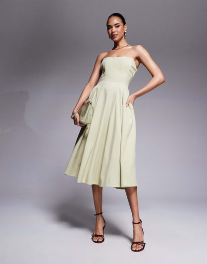 London Bandeau Corset Full Skirt Midi Dress