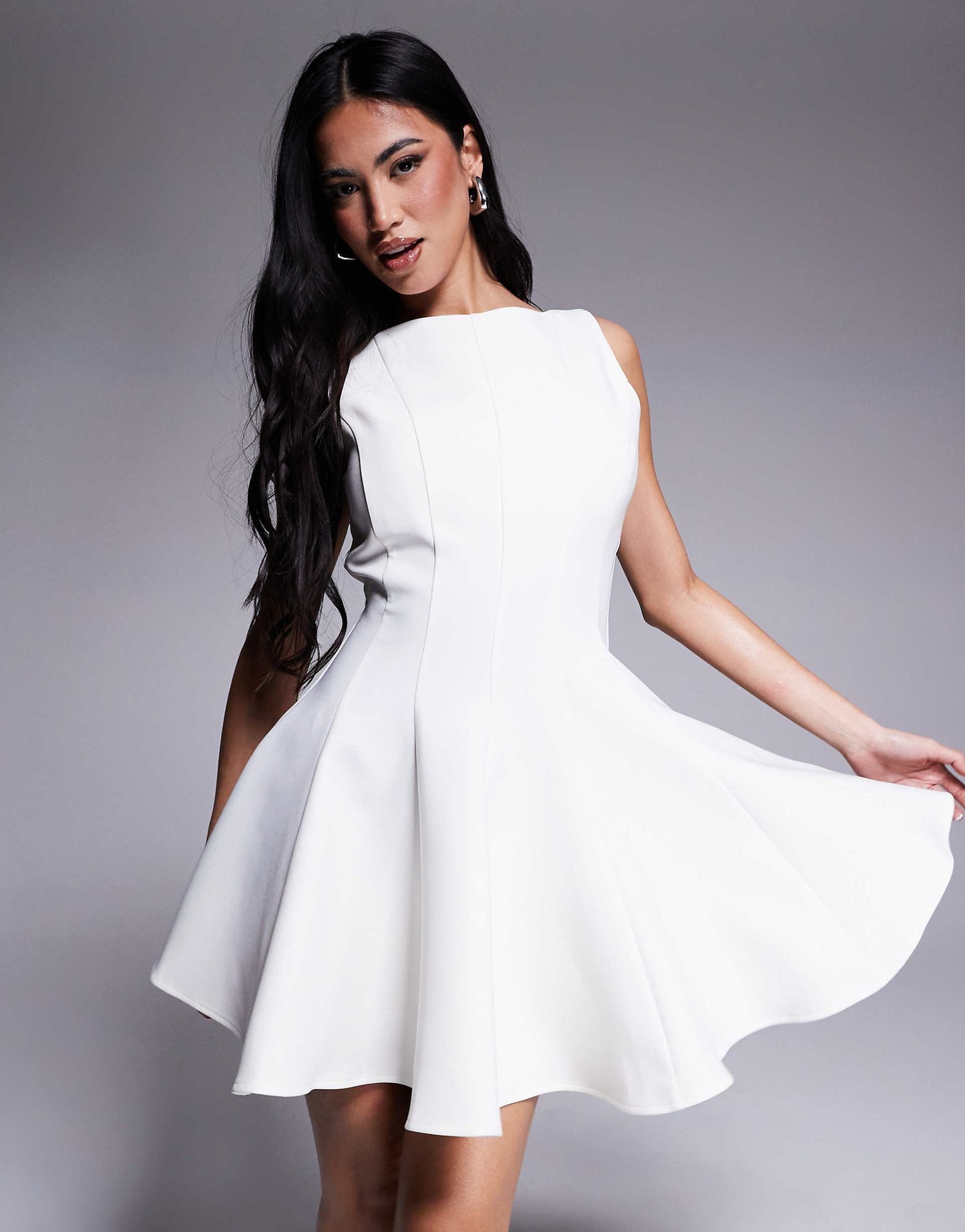 London Structured Straight Neck Pleated Skater Mini Dress