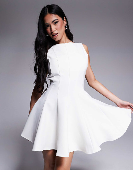 London Structured Straight Neck Pleated Skater Mini Dress
