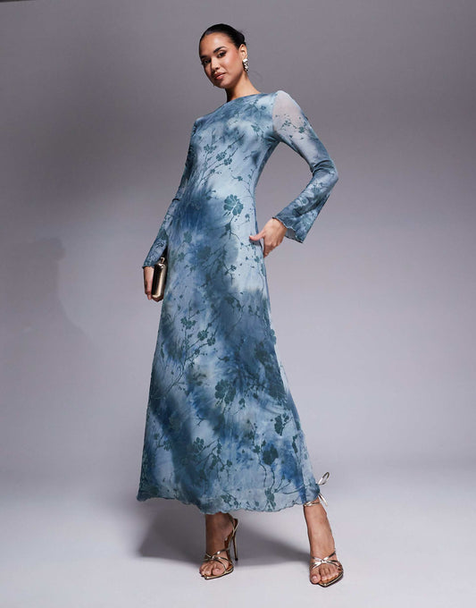 London Flare Sleeve Sheer Detail Maxi Dress