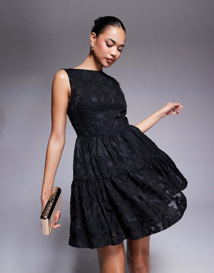 London High Neck Low Back Tiered Mini Skater Dress