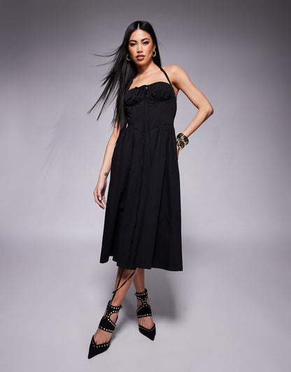 London Halterneck Milkmaid Tie Detail Midi Dress