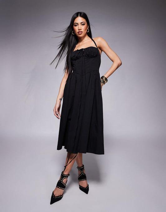London Halterneck Milkmaid Tie Detail Midi Dress
