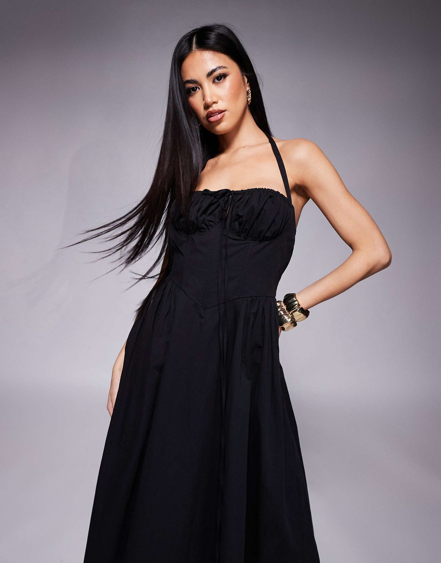 London Halterneck Milkmaid Tie Detail Midi Dress