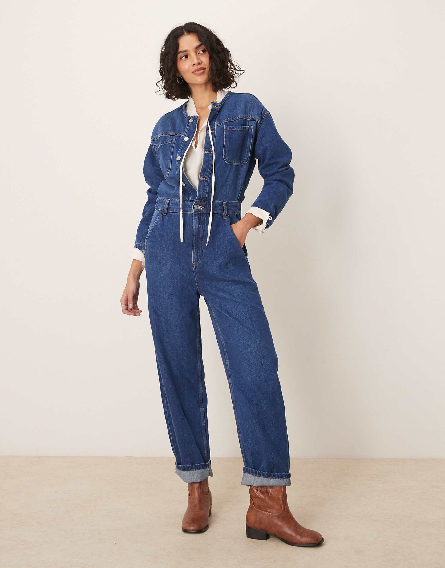 Premium Collarless Denim Jumpsuit