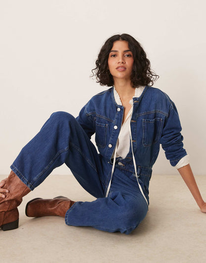 Premium Collarless Denim Jumpsuit