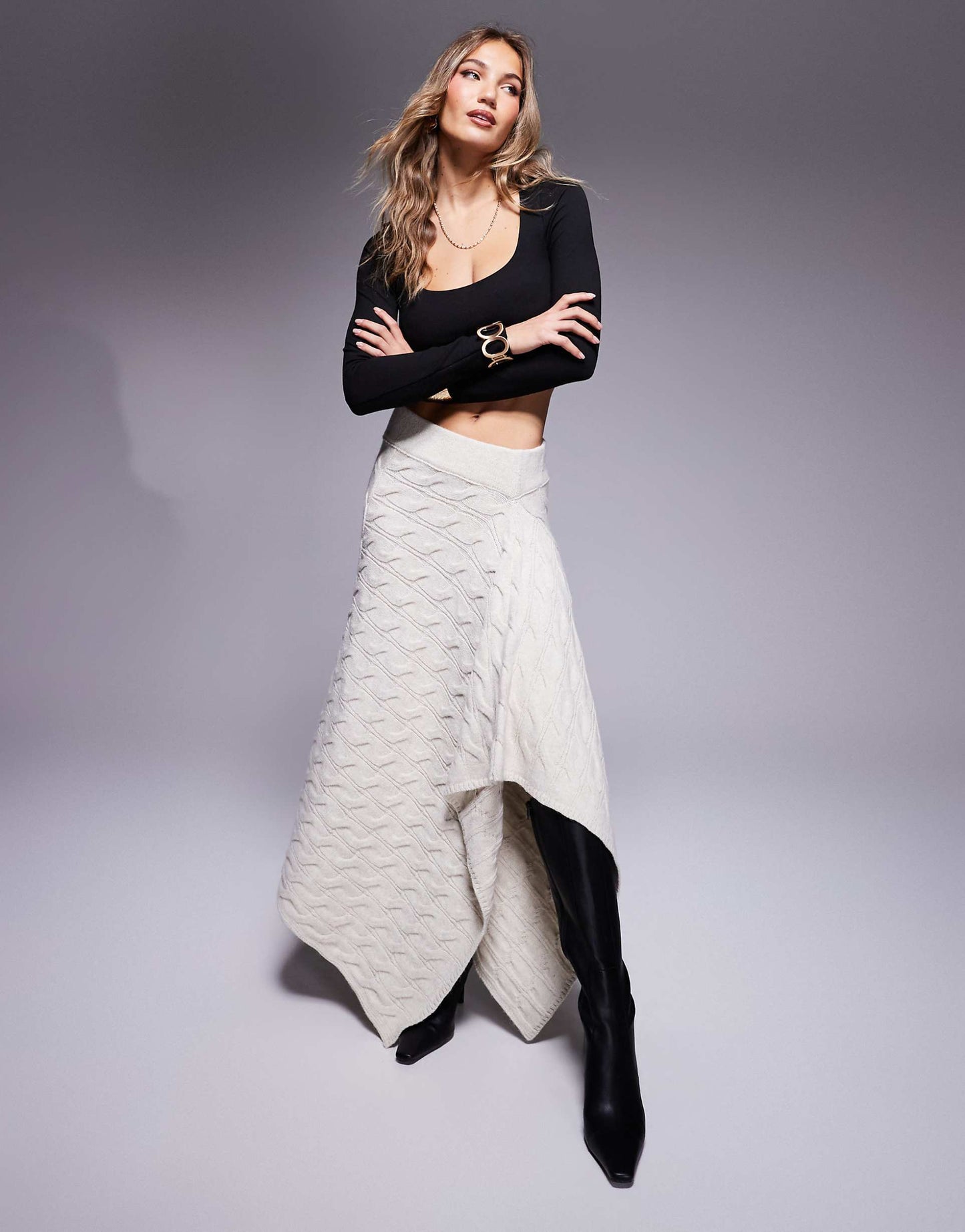 Knitted Spliced Cable Knit Maxi Skirt