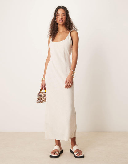 Linen Look Twist Strap Bias Maxi Dress