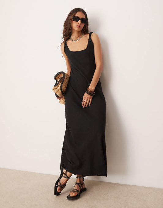 Linen Look Twist Strap Bias Maxi Dress