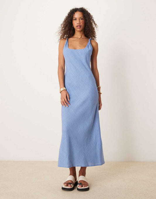 Linen Look Twist Strap Bias Maxi Dress