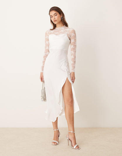 Long Sleeve Lace Underlay Cami Satin Dress
