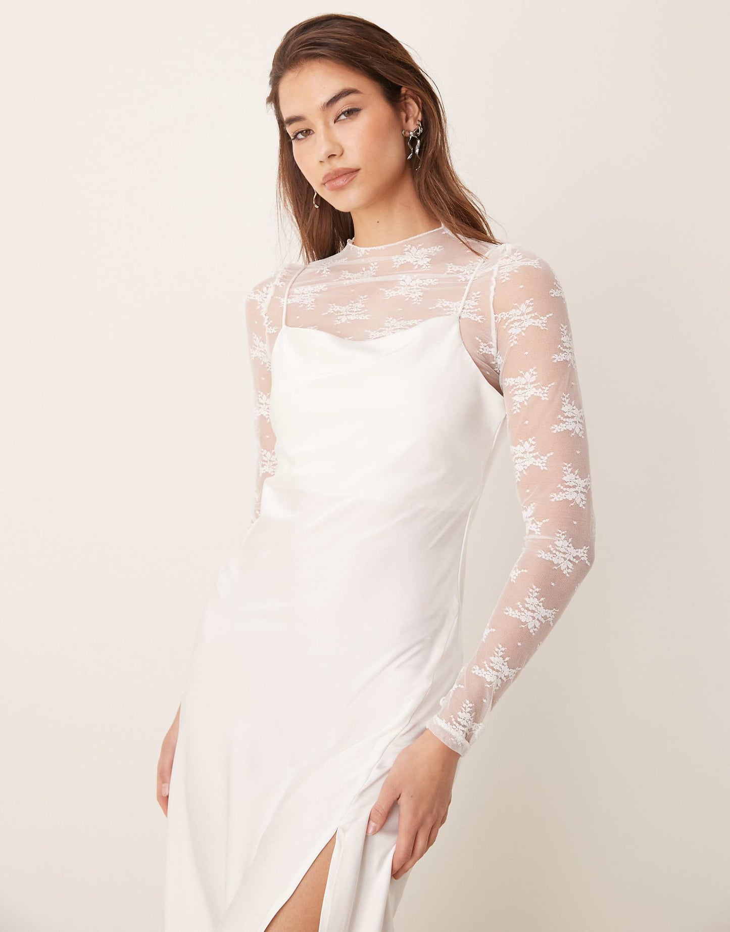Long Sleeve Lace Underlay Cami Satin Dress