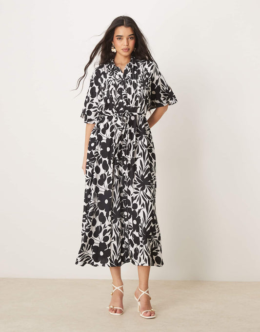 Belted Button Front Fluted Sleeve Dress