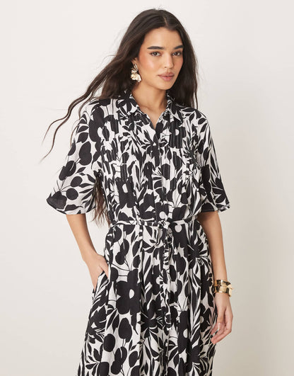 Belted Button Front Fluted Sleeve Dress
