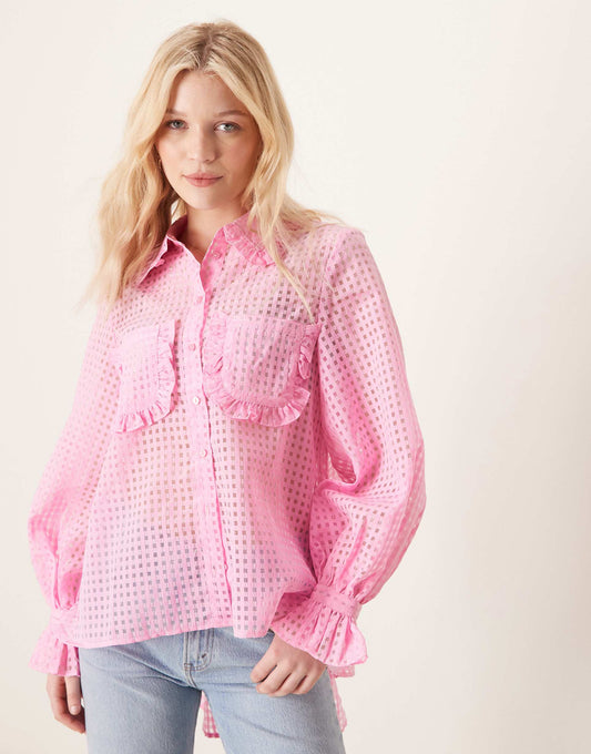 Sheer Check Ruffle Trim Detail Shirt