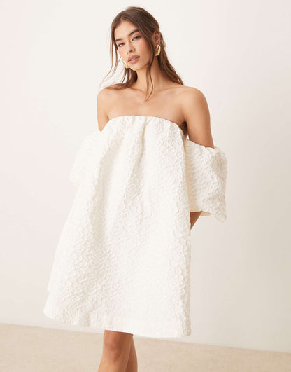Off Shoulder Puff Sleeve Structured Jaquard Mini Dress
