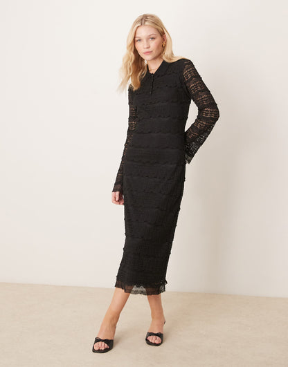 Textured Lace Polo Neck Detail Midi Dress