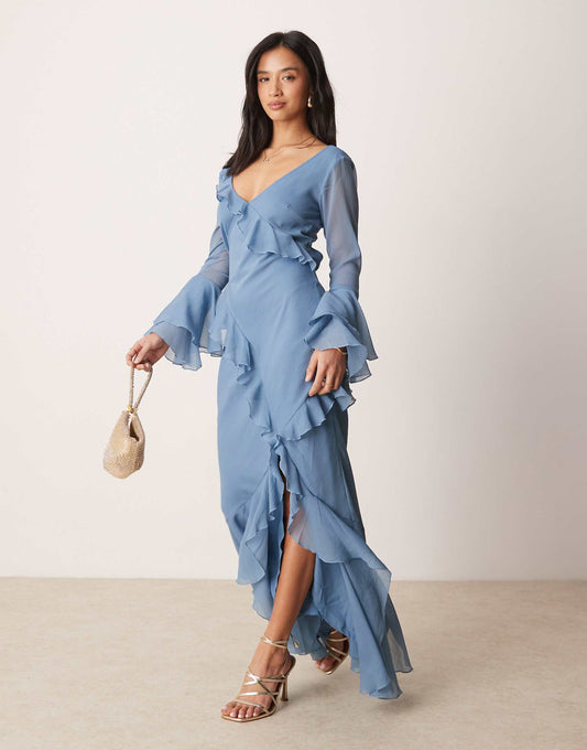 Petite V Neck Long Sleeve Ruffle Maxi Dress With Cut Out Back