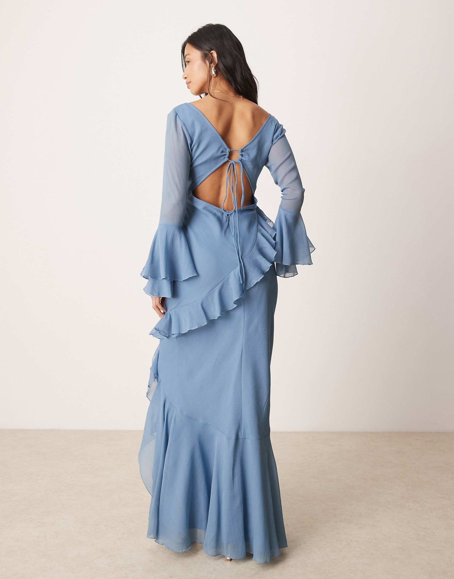 Petite V Neck Long Sleeve Ruffle Maxi Dress With Cut Out Back