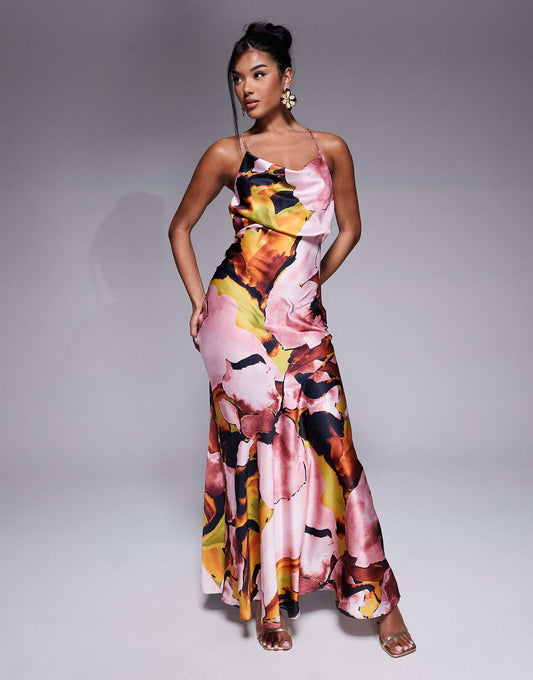 Strappy Tie Back Cowl Front Satin Maxi Dress