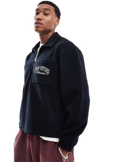 Boxy Oversized Fleece Polo Sweatshirt With Embroidery