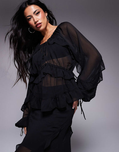 Chiffon Ruffle Tie Detail Blouse