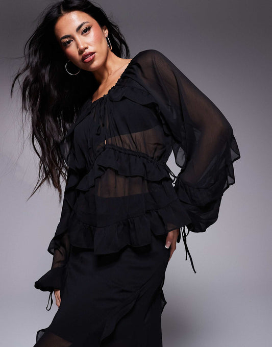 Chiffon Ruffle Tie Detail Blouse