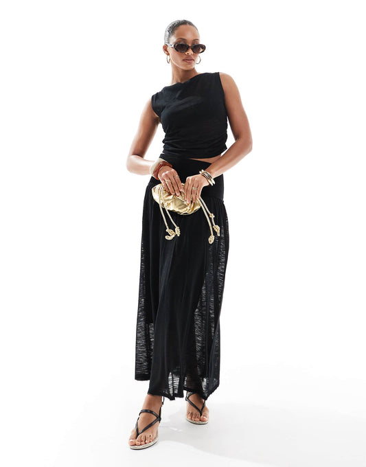 Knitted Deep Waistband Drop Waist Maxi Skirt Co-Ord