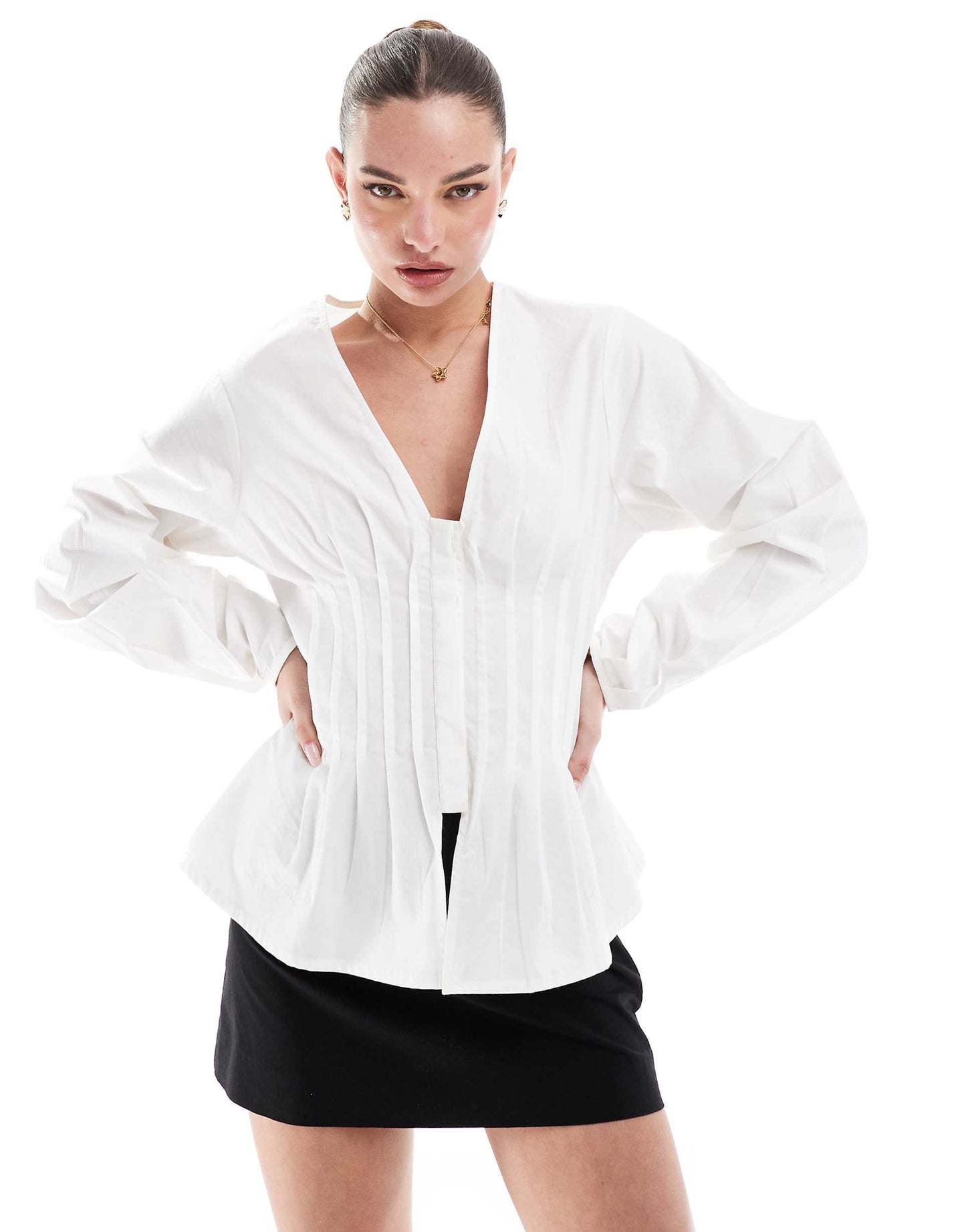 Cotton V Neck Corset Top With Volume Sleeves