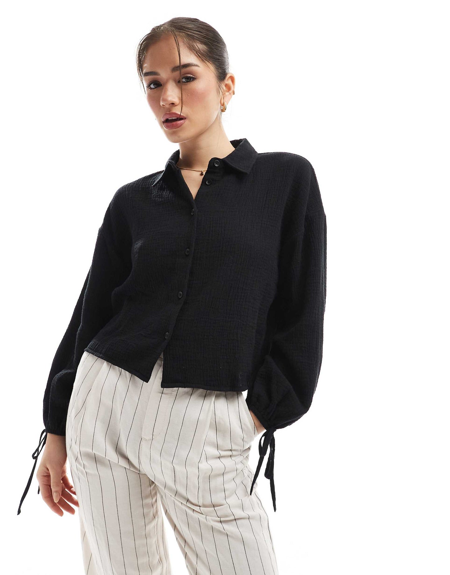 Cropped Textured Cotton Shirt