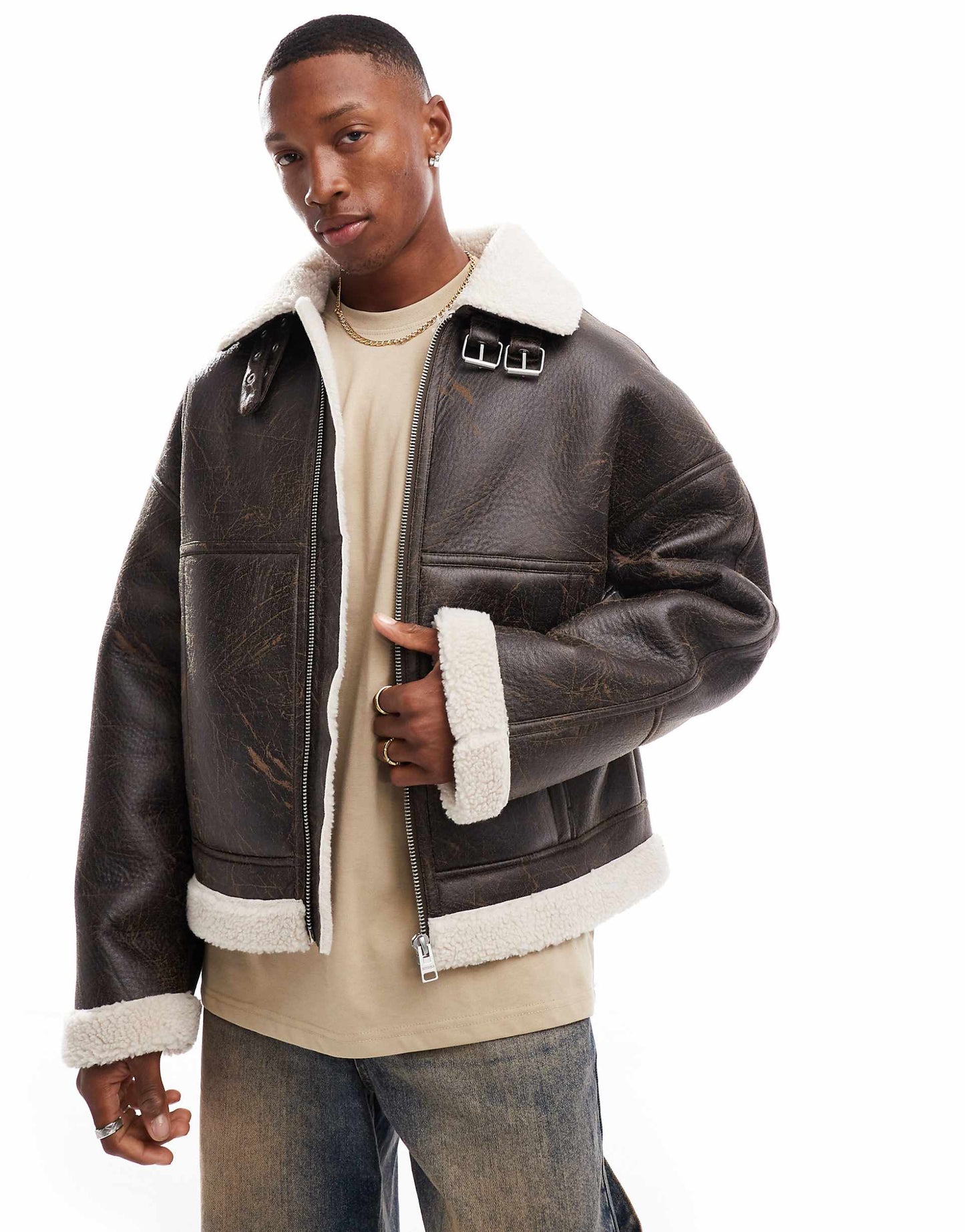 Faux Leather Washed Jacket With Shearling