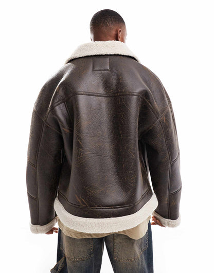 Faux Leather Washed Jacket With Shearling