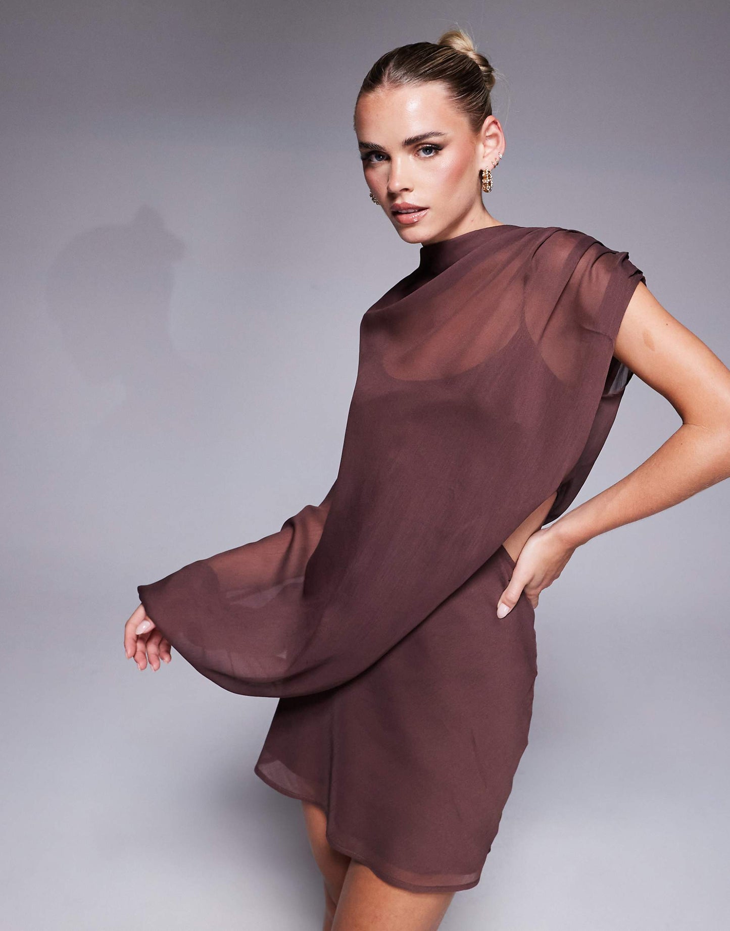 Petite High Neck Draped Asymmetric Mini Dress With Cut Out