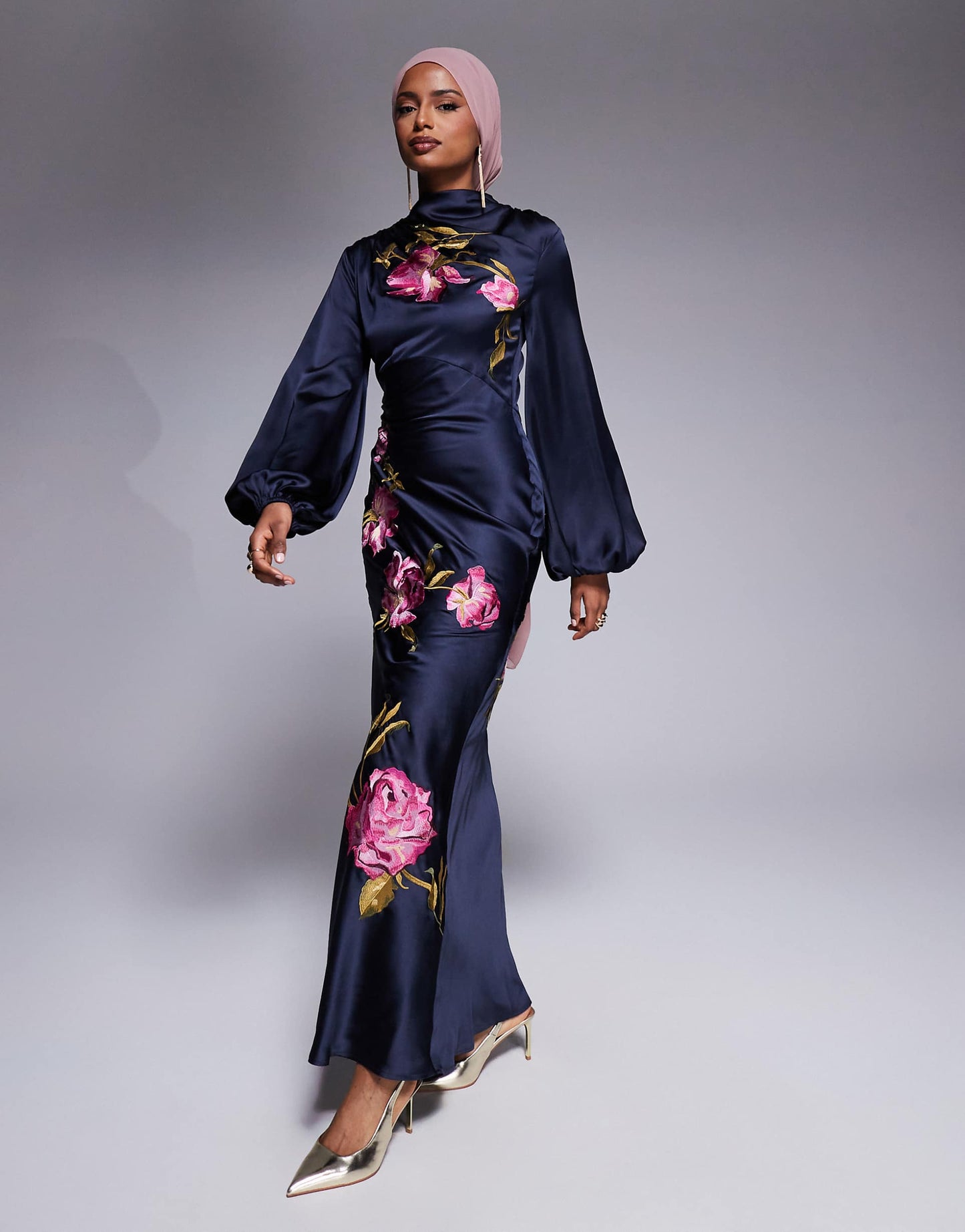 Cowl Neck Floral Embroidered Bias Maxi Dress With Blouson Sleeve