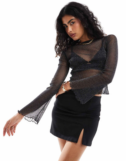 Glitter Mesh Sheer Angel Sleeve Top