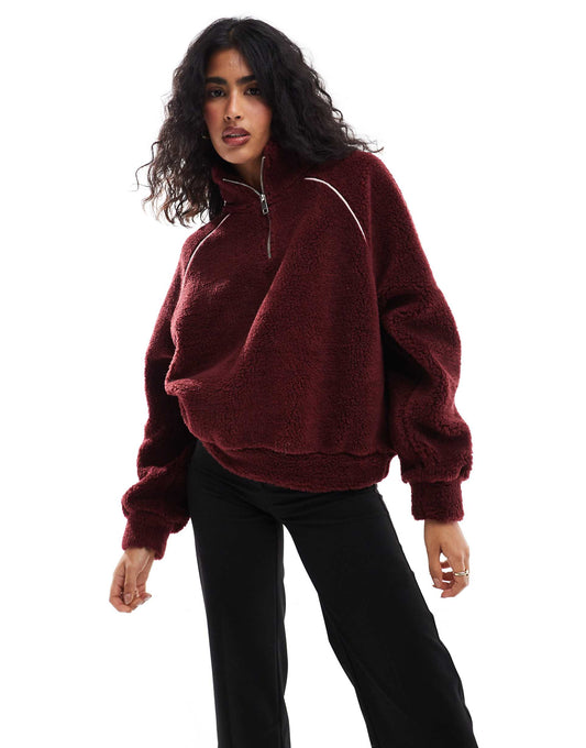Borg Pullover Top With Contrast Piping