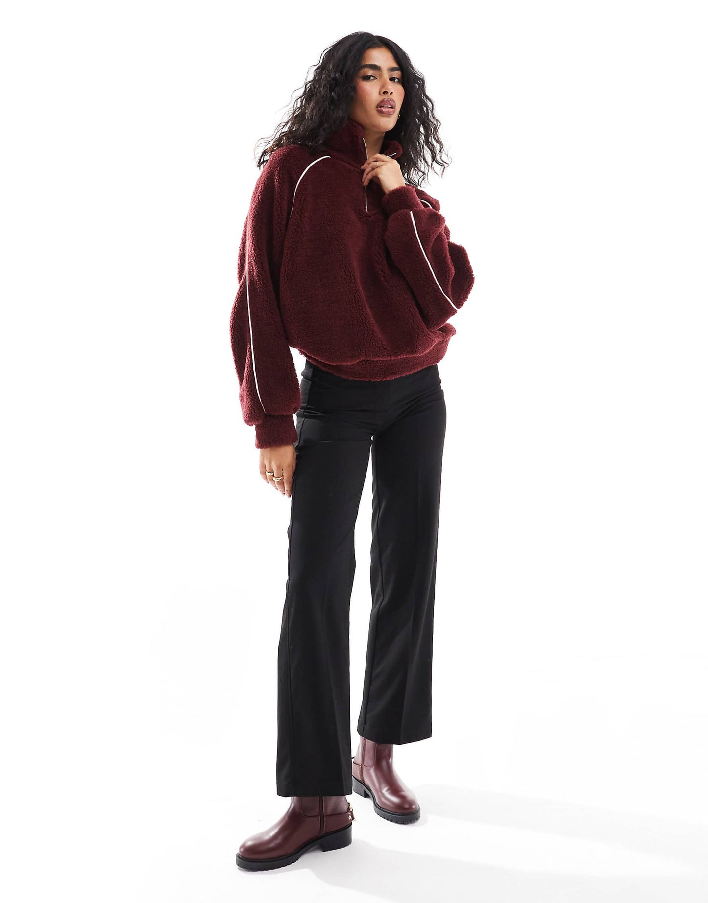 Borg Pullover Top With Contrast Piping