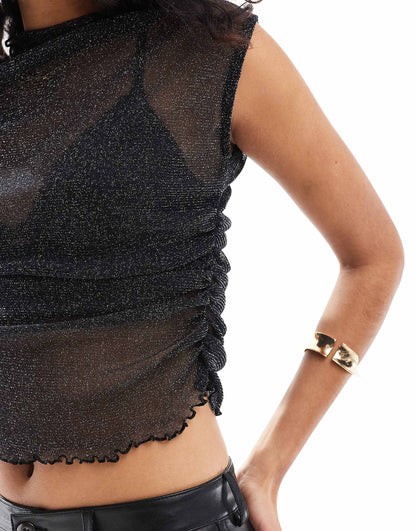 Sheer Glitter High Neck Ruched Side Tank