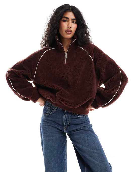 Borg Pullover Top With Contrast Piping