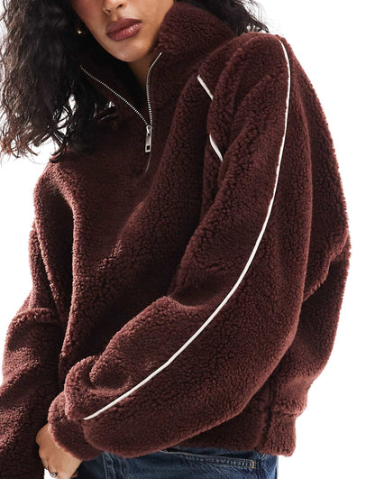 Borg Pullover Top With Contrast Piping