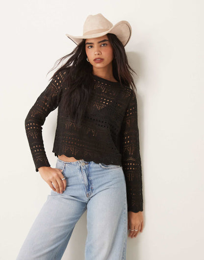 Boatneck Broderie Long Sleeve Top