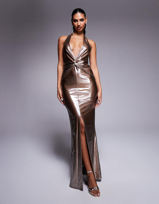 Metallic Twist Front Deep Plunge Maxi Dress