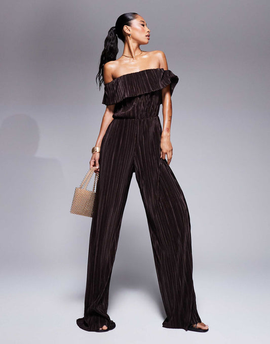 Plisse Bardot Wide Leg Jumpsuit