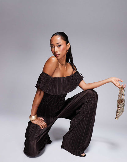 Plisse Bardot Wide Leg Jumpsuit