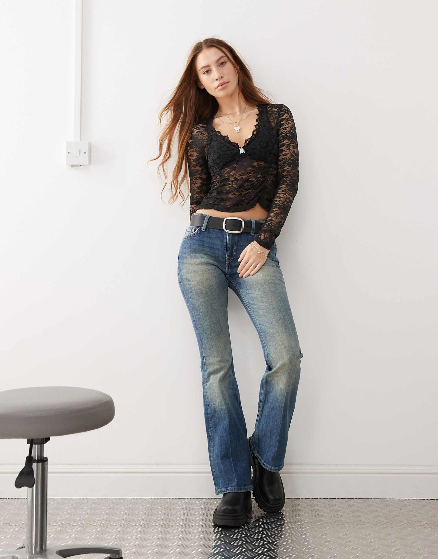 Long Sleeve Lace Top With Ruch Corset Detail