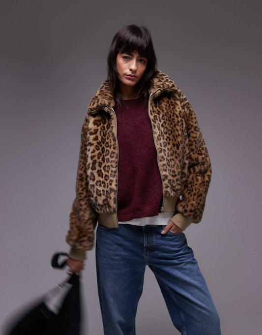 Zip Up Leopard Print Fur Jacket