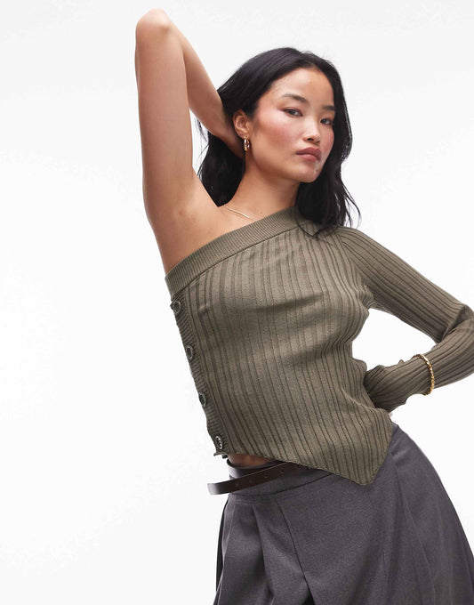 Button Side One Shoulder Jumper