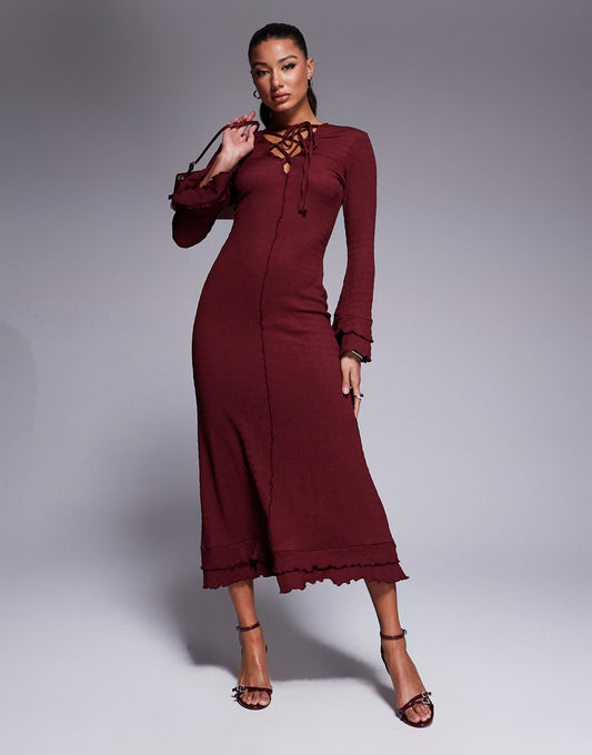 Crinkle Long Sleeve Ruffle Maxi Dress